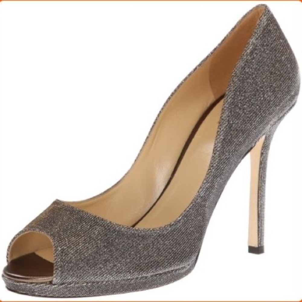 Kate Spade Pewter Sparkle Metallic Made in Italy Peep Toe Pumps Heels Size 7